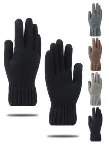 男士秋冬季保暖热衬针织手指触屏手套 - 黑色 - 查看 1