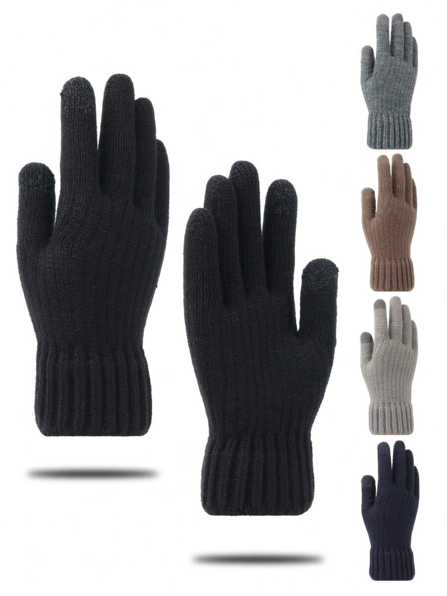 男士秋冬季保暖热衬针织手指触屏手套 - 黑色 - 查看 1