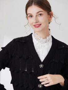 1 pieza Blusa de mujer con contraste de color negro y blanco, cuello con lazo