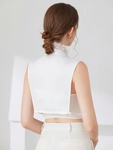 1 pieza Blusa de mujer con contraste de color negro y blanco, cuello con lazo