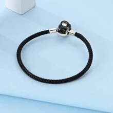 Neue 925 Sterling Silber Armband mit Herzschnalle, Schlangenkette, CZ, schwarzem Leder für Damen, DIY Charm, Anhänger, Perlen, Schmuckgeschenk