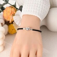 Neue 925 Sterling Silber Armband mit Herzschnalle, Schlangenkette, CZ, schwarzem Leder für Damen, DIY Charm, Anhänger, Perlen, Schmuckgeschenk