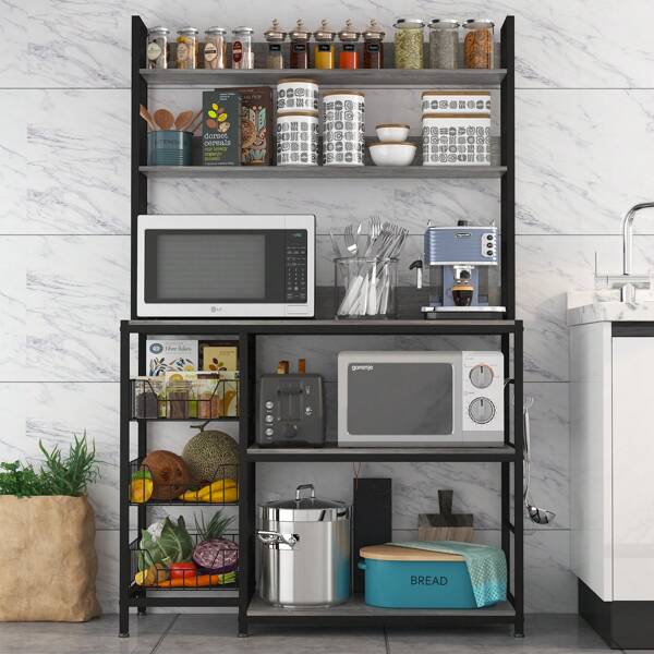 5-Tier Kitchen Bakers Rack With Baskets, Coffee Bar Station,Industrial Microwave Stand,Kitchen Storage And Organization,Furniture,Vintage Grey