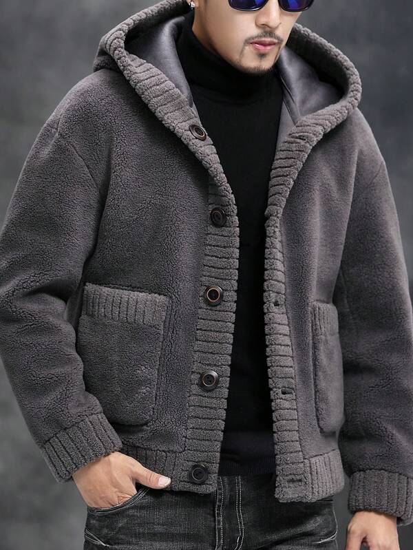 BONNY MAX Reversible Hooded Men's Shearling Jacket, Loose Fit Casual Winter Coat, Solid Color