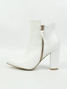 Women's White Pointed Toe High-Heeled Belt Buckle Side Zipper All-Match Thick Heel Simple Leather Elegant Short Boots