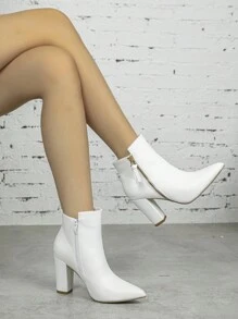Women's White Pointed Toe High-Heeled Belt Buckle Side Zipper All-Match Thick Heel Simple Leather Elegant Short Boots