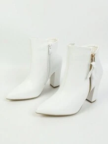 Women's White Pointed Toe High-Heeled Belt Buckle Side Zipper All-Match Thick Heel Simple Leather Elegant Short Boots