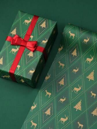 1张圣诞礼物包装纸，大尺寸70cm*50cm，复古红绿牛皮纸，DIY礼盒包装材料