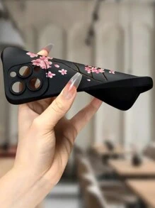 Matte Black Anti-Shock Mobile Phone Case With Red Cherry Blossom Pattern For Apple, Thickened Protection Waterproof Anti-Fall Scratch Resistant - Black - View 3