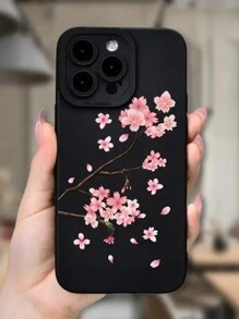 Matte Black Anti-Shock Mobile Phone Case With Red Cherry Blossom Pattern For Apple, Thickened Protection Waterproof Anti-Fall Scratch Resistant - Black - View 1