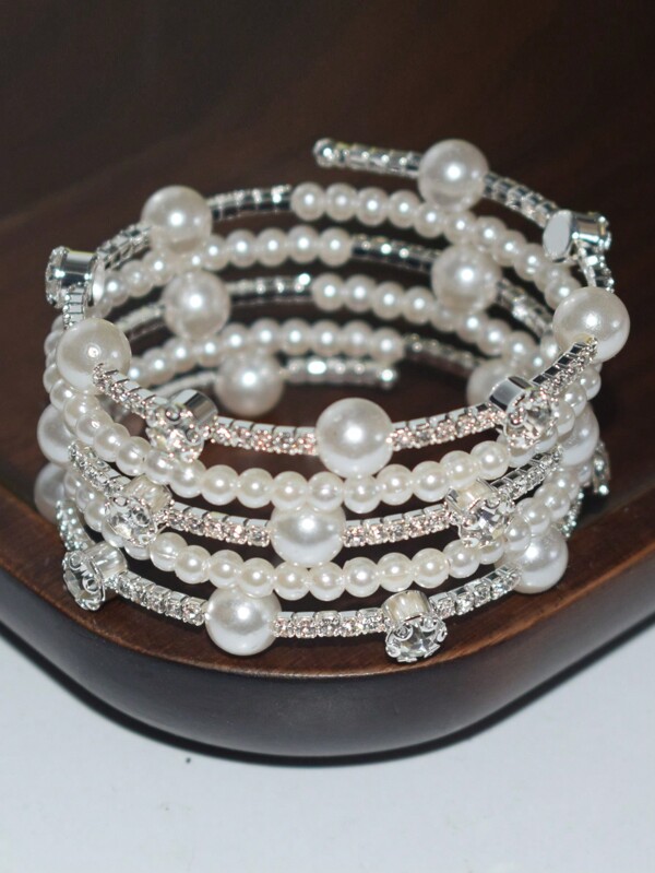 1pc New Fashion 5-Row Multi-Layer Crystal Pearl Twist Cuff Bracelet, Bridal Wedding Gift For Women And Girls