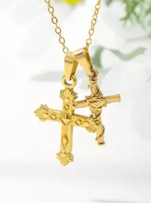 1pc Classic Minimalist 18K Gold Plated Stainless Steel Cross Double Pendant Necklace For Women, Suitable For Daily Wear