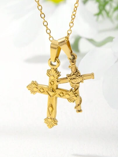 1pc Classic Minimalist 18K Gold Plated Stainless Steel Cross Double Pendant Necklace For Women, Suitable For Daily Wear