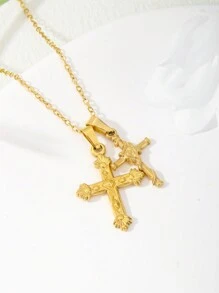 1pc Classic Minimalist 18K Gold Plated Stainless Steel Cross Double Pendant Necklace For Women, Suitable For Daily Wear