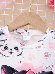 2 件套年轻女孩休闲猫咪、花朵、蝴蝶结印花柔软针织长袖上衣和裤子套装，适合秋冬季