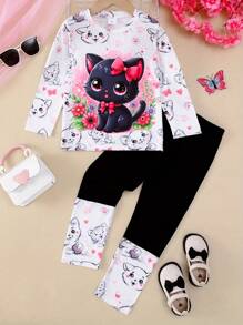 2 件套年轻女孩休闲猫咪、花朵、蝴蝶结印花柔软针织长袖上衣和裤子套装，适合秋冬季