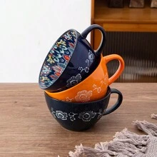 1pc 15oz Bohemian Style Ceramic Mug, Porcelain Latte Tea Cup Coffee Mug With Handle For Latte, Hot Tea, Cappuccino, Cocoa, Soup, Oat