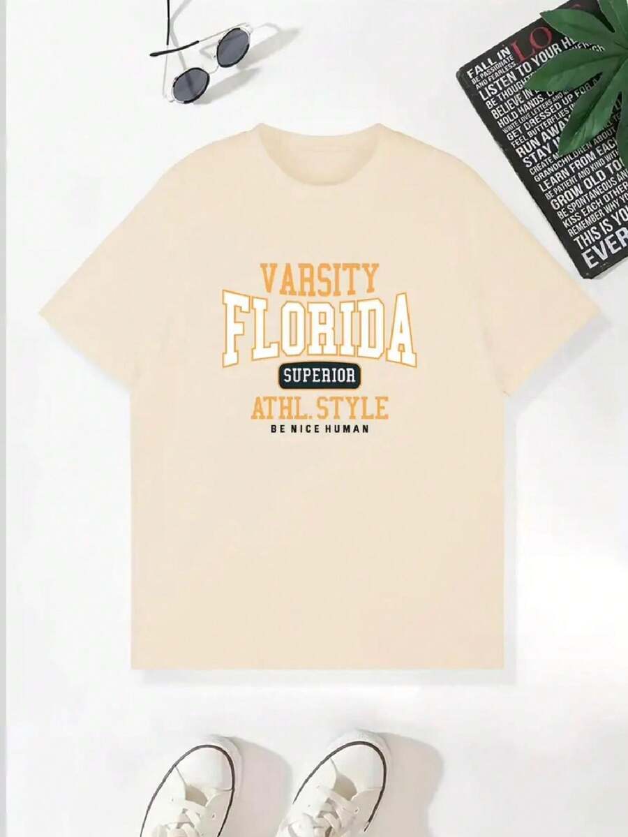 Basic Varsity Florida Top (FRONT) Men's Women's Cotton Shirt Reinforced Stitching Unisex StreetWear - 米色 - 查看 1