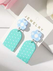 1 对新款女士优雅简约风格花卉波尔卡圆点印花长款亚克力耳环，采用粘土纹理饰面，适合日常佩戴 - 圓點印花耳環 - 查看 3