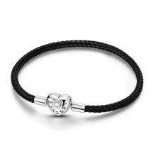 Neue 925 Sterling Silber Armband mit Herzschnalle, Schlangenkette, CZ, schwarzem Leder für Damen, DIY Charm, Anhänger, Perlen, Schmuckgeschenk
