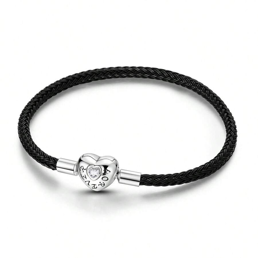 Neue 925 Sterling Silber Armband mit Herzschnalle, Schlangenkette, CZ, schwarzem Leder für Damen, DIY Charm, Anhänger, Perlen, Schmuckgeschenk