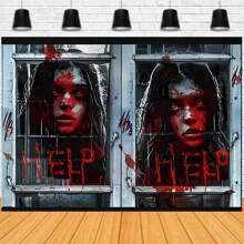 Fondo de Noche de Halloween Espeluznante Decoración de Alféizar de Ventana con Sombra Negra Sangrienta Decoración para Fiesta de Halloween Fondo de Banner para Fiesta de Vacaciones Decoración de Fiesta Espeluznante Fondo de Vinilo, Navidad - Multicolor - Ver 2