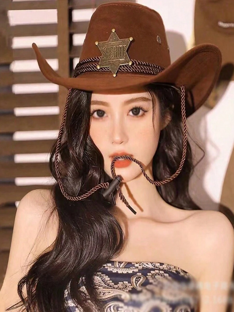 Pălărie de soare occidentală, accesorii stea cu șase colțuri din bronz, pălărie de cowboy vintage de vest, pălărie moale, pălărie de petrecere în aer liber, pălărie de cowboy de bar 1 bucată Halloween