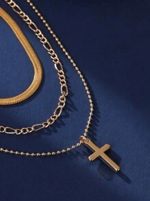 3 件/套时尚金色不锈钢丝链、铜球链和吊饰多层项链 - 金黃色 - 查看 3