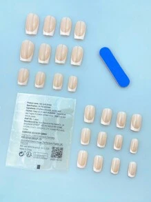 24片裝方形法式美甲指甲貼片套組，含1片背膠貼片與1個迷你指甲锉，白色法式全覆蓋指甲貼，適合女性與時尚女孩日常配戴，短甲貼片經典百搭，美甲護理用品 - 彩色 - 查看 2