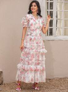 High-Quality Summer New Women's Mesh Heavy Industrial Three-Dimensional Flower Printing V-Neck Short-Sleeved Waisted Big Swing Dress Party Dress Wedding Guest Dress Prom Dress - Multicolor - View 4