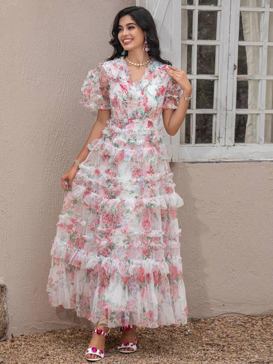 High-Quality Summer New Women's Mesh Heavy Industrial Three-Dimensional Flower Printing V-Neck Short-Sleeved Waisted Big Swing Dress Party Dress Wedding Guest Dress Prom Dress - Multicolor - View 1