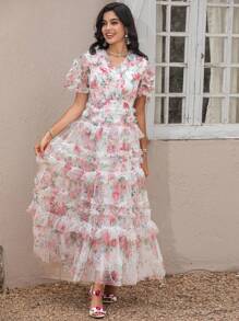 High-Quality Summer New Women's Mesh Heavy Industrial Three-Dimensional Flower Printing V-Neck Short-Sleeved Waisted Big Swing Dress Party Dress Wedding Guest Dress Prom Dress - Multicolor - View 3