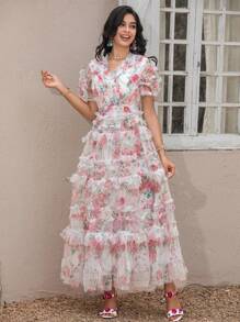 High-Quality Summer New Women's Mesh Heavy Industrial Three-Dimensional Flower Printing V-Neck Short-Sleeved Waisted Big Swing Dress Party Dress Wedding Guest Dress Prom Dress - Multicolor - View 2