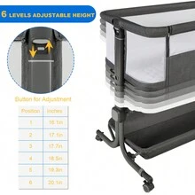 Kinder King Moisés con ruedas para bebé, fácil de plegar y portátil, cuna lateral para recién nacidos con canasta de almacenamiento, malla en todos los lados, cuna de viaje para bebés y niños pequeños, altura ajustable, colchón cómodo y bolsa de transporte, regalo - Gris Oscuro - Ver 4