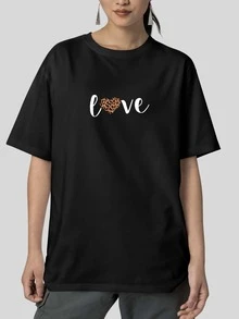 Oversized T-Shirt Streetwear Print LOVE LEOPARD HEART 100% Cotton - 黑色 - 查看 2
