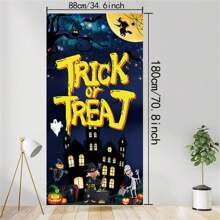 1 szt. Dekoracja na Halloween (34,6 X70,8 cala), Horror Night Pumpkin Castle Door Cover Porch Sign Scarecrow Full Moon Ghosts Indoor Outdoor Scary Halloween Eve Door Banner Trick Or Treat Photo Booth Props Backdrop For Halloween Party Supplies, Christmas