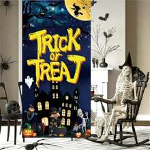 1 szt. Dekoracja na Halloween (34,6 X70,8 cala), Horror Night Pumpkin Castle Door Cover Porch Sign Scarecrow Full Moon Ghosts Indoor Outdoor Scary Halloween Eve Door Banner Trick Or Treat Photo Booth Props Backdrop For Halloween Party Supplies, Christmas