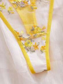 Conjunto de lencería íntima de 2 piezas con bordado floral transparente para mujer, ropa de dormir romántica para luna de miel, rave - Amarillo - Ver 3