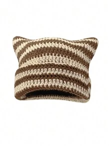 1pc Unisex Hand Knitted Cute Striped Cat Ear Beanie Hat, Autumn Winter Warm Ear Protective Handmade Striped Ski Mask Street Fashion Hip-Hop Couple Headwear - Multicolor - View 25