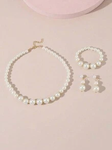 Minimalist Niche Design Single Layer Pearl Children's Necklace, Earrings & Bracelet Set - White - View 6