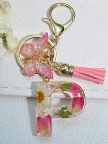 One Initial Keychain For Girl And Ladies, Pink Cute Dry Flower Dandelion Key Chain, Backpack/Handbag Decoration, Butterfly Tassel, Gift Car Accessories Bag Charm School Goth Y2k