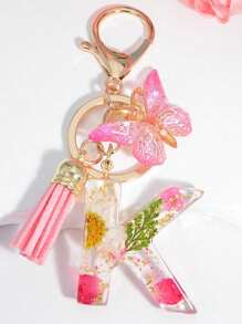 One Initial Keychain For Girl And Ladies, Pink Cute Dry Flower Dandelion Key Chain, Backpack/Handbag Decoration, Butterfly Tassel, Gift Car Accessories Bag Charm School Goth Y2k