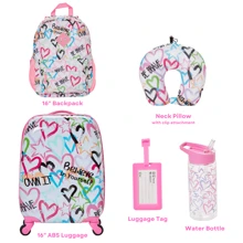 RALME 5 Pc. Girls' Rolling Suitcase Set With Backpack, Neck Pillow, Water Bottle, And Luggage Tag - White - View 2