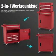 Metal Tool Cabinet, Combined Rolling Cabinet With Portable Tool Box, Mobile Workshop Trolley With 5 Drawers & Anti-Slip Mats, For Workshop & Household (Red) - 紅色 - 查看 5