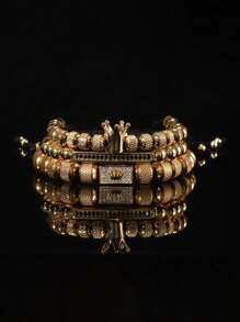 3pcs Crown Beaded Bracelet Set, Floral Pattern, Adjustable Length, Men's Accessory - 3-piece Set - View 10