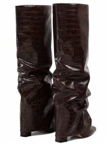 Heel Knee High Shark Boots For Women Fold Over Ruched Slouchy Pleated Knee High Black Boots With Pointed Toe Pull On Long Boots Women Mid Calf Boots Christmas Gift Brown Boots