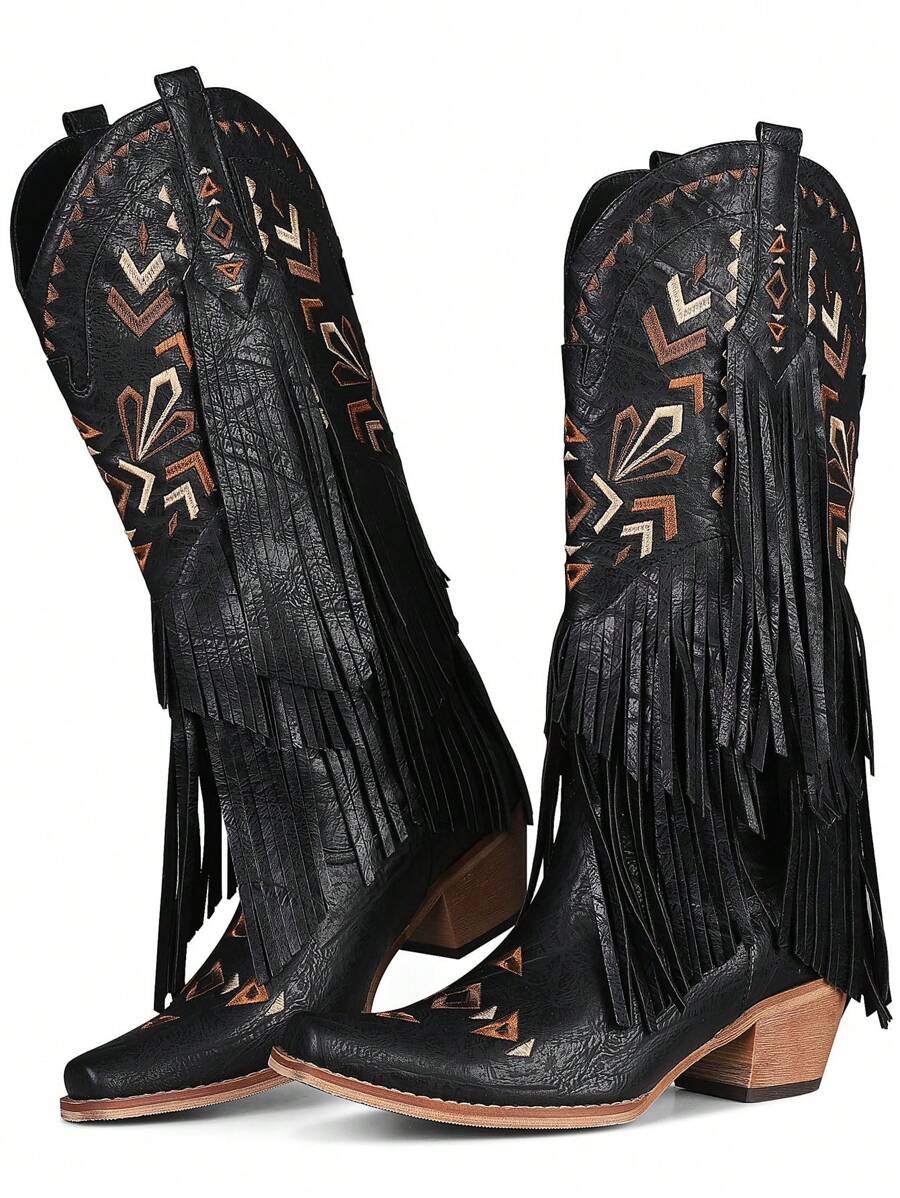 Fashion Sexy Black Combat Boots For Women Fashionable Tassel Western Long Boots Embroidered Mid Calf Flat Country Concert Festival Shoes Shoes - 黑色 - 查看 1