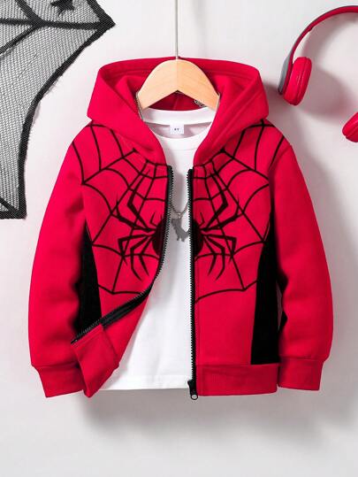 Young Boys' Spider Print Color Block Hooded Jacket