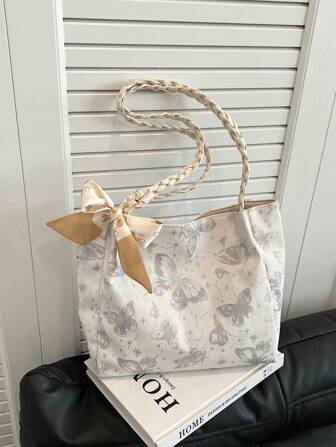 极简蝴蝶图案手提包，适合购物、上学、休闲，蝴蝶位置随机（围巾颜色随机）