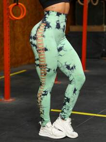 Sports Leggings Gym Yoga Tie Dye Aurora Lifts Butt Seamless High WaistYI-028 - 綠色 - 查看 3